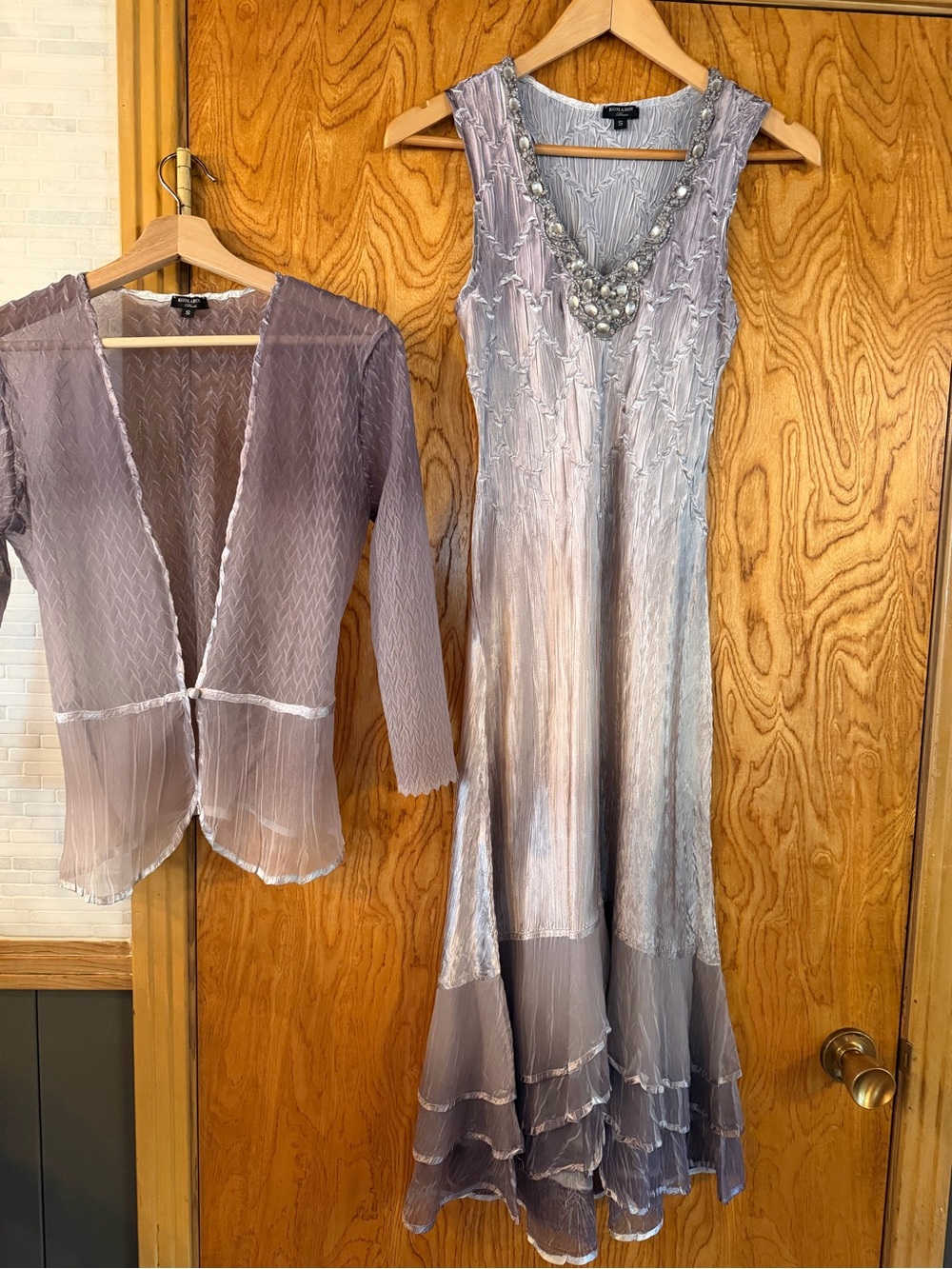 Komarov Silver-Lilac Beaded Maxi Dress with Sheer Jacket